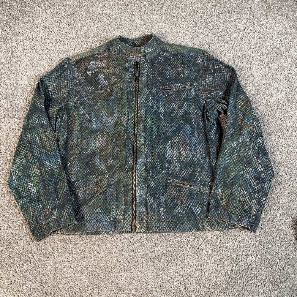 Chico's Jacket Womens L Green Snake Skin Print Bomber Collared Full Zip Glitter